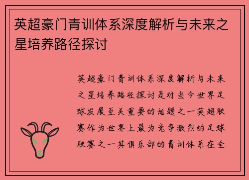 英超豪门青训体系深度解析与未来之星培养路径探讨