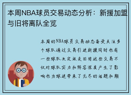 本周NBA球员交易动态分析：新援加盟与旧将离队全览